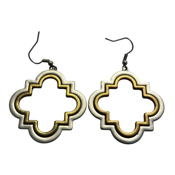 Pierced earrings brushed nickel & goldtone drop dangle fashion statement jewelry - Picture 1 of 8